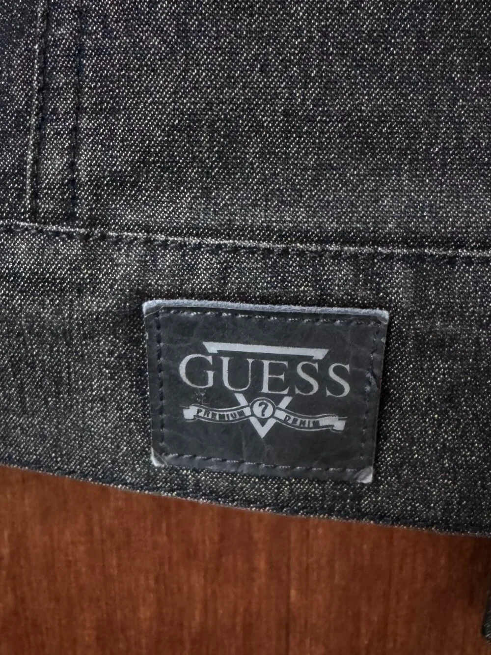 Vintage GUESS Metallic Gold Thread Black Denim Trucker Jacket in Women's Large
